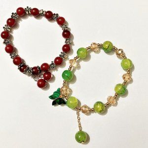 3/25 Bundle of 2 Fashion Jewelry Red and Green Bead Bracelets